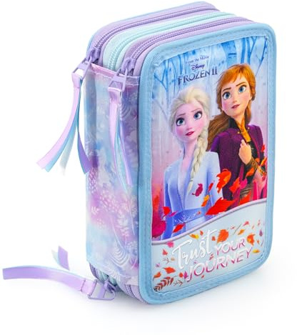 FROZEN - ASTUCCIO SCUOLA 3 ZIP FROZEN - ANNA ED ELSA - COMPLETO DI 44 PEZZI - PRODOTTO UFFICIALE DISNEY (CELESTE/LILLA)