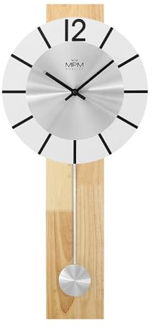MPM Quality Design Holz Pendeluhr Wanduhr, Weiß/Silber, 300 x 720 mm, Elegante Uhr modern, Quarz-Uhrwerk Sweep, originelle Wanduhr mit Pendel, Deko Wohnzimmer, Schlafzimmer, Küche, Büro