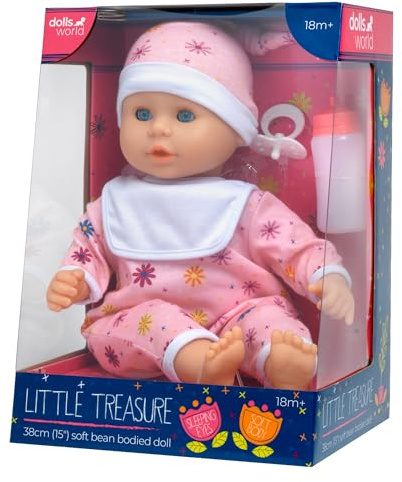 Dolls World from John Adams | Little Treasure Doll | White Girl 38cm Soft Bodied Baby Doll with Weighted Bottom, Sleeping Eyes, Romper, Hat, Bottle & Dummy | Baby Dolls for Girls Aged 18 Months+