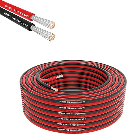 Câble électrique 18AWG 0,75mm² 2×10M, câble flexible rouge noir, câble en cuivre étamé sans oxygène résistant à haute température 600V pour batterie de voiture, lampe LED, panneau solaire (10/2-10M).