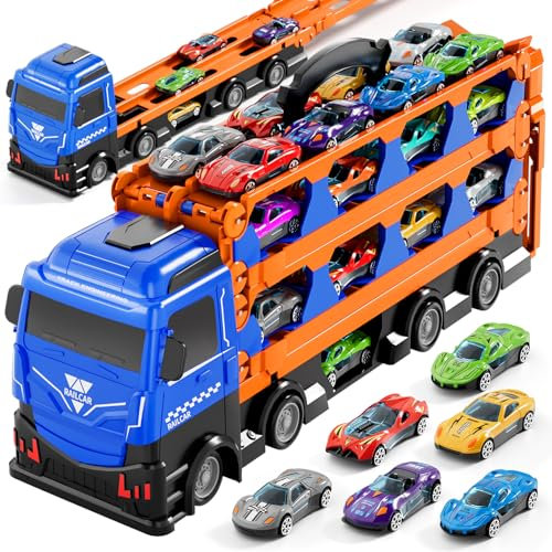 Ci Vetch 200 cm große Autos, LKWs Spielzeug für Kleinkinder von 2–4, 3–5, 4–7 Jahren, Jungen, Kinder, Transport-LKW-Spielzeug mit 24 Stück Druckguss-Autos, Rennstrecke mit Dual-Launcher