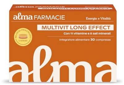Multivit Long Effect Alma Farmacie, Multivitaminico per l’Energia Fisica e Mentale, Complex con 11 Vitamine e 8 Sali Minerali, Rilascio Prolungato 3 Strati, Integratore 30 Compresse