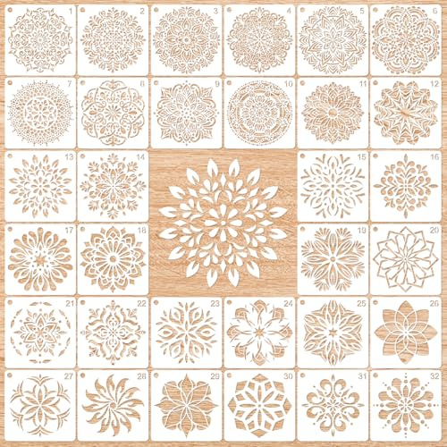 MWOOT 32 Pièces Mandala Painting Stencil,DIY Plástico Escala Plantilla para Pintar Reutilizable Template de Dibujo,Plantillas para Pintar en Piedra Roca Tela Parede Lienzos Decoración (12x12 CM)