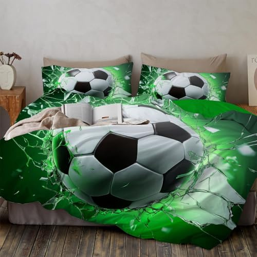 WunM Studio Copripiumino Tema Sportivo, Set di biancheria da letto per bambini, Calcio Verde, copripiumino con chiusura lampo e 2 federe 50 x 75 cm 135 * 200cm