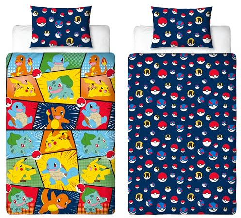 Juego de Funda de edredón Infantil con Licencia Oficial de Pokemon | Pikachu Bulbasaur Charmander Squirtle diseño Reversible de 2 Caras con Funda de Almohada a Juego | Juego de Cama Individual para