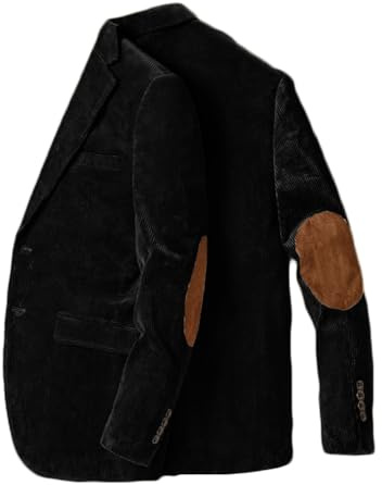 Chamarra de parche de codo de Stillluxury para hombre, de un solo pecho, de pana, casual, deportiva, con solapa de muesca, para boda, esmoquin, Negro, XL