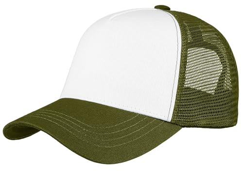 Falari 5-Panel Mesh Baseball Cap, Trucker Hat, Structured Plain Design, Cotton, Adjustable Size - Army Green