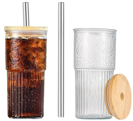 Funvalley Surperfect 2-Pack Ribbed Glass Cups with Bamboo Lids and Straws 20oz, Thickened Glass Tumbler, Clear Drinking Glasses for Iced Coffee, Smoothies, Cocktails, Juice, Matcha, Beer