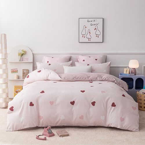 YASMENG Ropa de cama de 220 x 240 cm, diseño de corazones, color rojo, rosa y blanco, ropa de cama infantil con corazones, suave y acogedora, juego de 3 piezas, con cremallera y 2 fundas de almohada