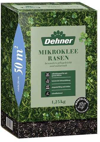 Dehner Semi per prati a microtrifoglio, semi di alta qualità per prato verde denso e ricco con aspetto fine, facile da pulire e auto-fertilizzante, ideale per superfici di gioco e relax, 1,25 kg per