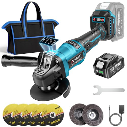 Avhrit Amoladora angular a batería, Amoladora Angular Inalámbrica 125 mm con 1 batería de 4000 mAH, pantalla LED, motor sin escobillas para amolar metal y eliminar óxido.