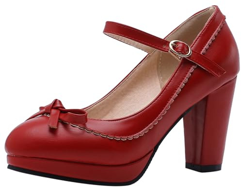 Gicoiz Lazos Mary Jane Block Zapatos Mujer Correa de Tobillo Zapatos de Fiesta Closed Punta Rojoonda Plataforma Lovely Floral Pumps Boda Rojo Talla 38 EU-39Cn