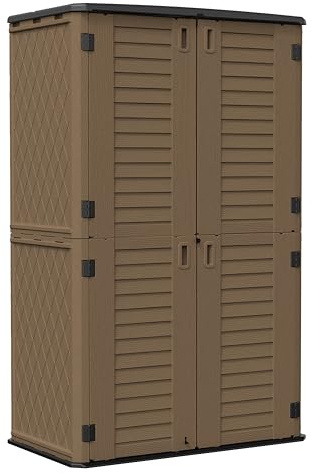 Brigros - Armadio Da Esterno In Resina Hdpe Impermeabile Con 2 Ante, Mobiletto Da Esterno Plastica Per Balcone, Giardino, Garage In Diversi Colori, Armadietto In Plastica (Marrone, 125x73x202 cm)