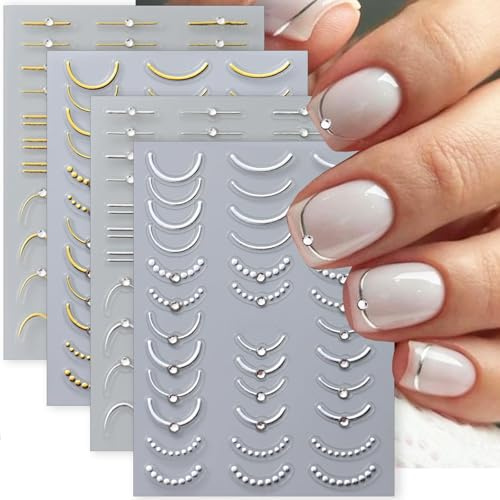Adesivi Unghie 5D French Manicure con Linee Dorate e Argentate – 4 Fogli Stickers Unghie Nail Art Autoadesivi con Strass, Decorazioni Unghie Eleganti per Donne e Ragazze, Accessori per Nail Art DIY