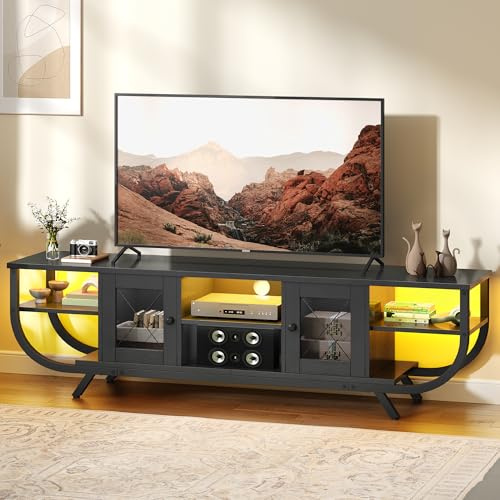 YITAHOME Industrielles TV-Schrank,160cm TV Lowboard für Fernseher bis zu 65 Zoll mit LED-Beleuchtung,Wohnzimmer Fernsehschrank TV Board mit Offenen Stauraum,Schwarz