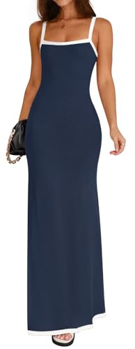 ZESICA Women's 2026 Summer Spaghetti Straps Maxi Dress Sleeveless Square Neck Lightweight Long Beach Dresses,Navy,Medium