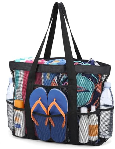 SULIKJHUI 1 styck nätstrandväska för kvinnor, stor nätväska med ficka för strandsemester, pool, gym, återanvändbar shoppingväska (svart, 45 x 33 cm)