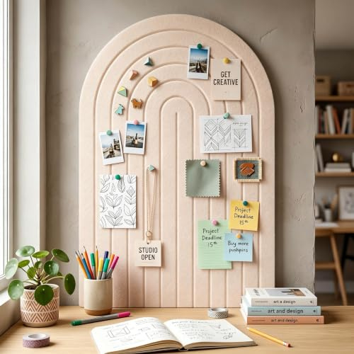 AYES Tablero de anuncios de fieltro arqueado, 90 x 60 cm, tablero modular texturizado 3D, tablero de notas autoadhesivo de 0,9 cm de grosor con 30 chinchetas, azulejos de pared de fieltro para el