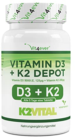 Vitamin D3 + K2 Depot - 100 Tabletten - Premium Rohstoff: 99,7+% All-Trans (K2VITAL® von Kappa) - Mit 5000 I.E. Vitamin D3 pro Tablette - Laborgeprüft - Hochdosiert