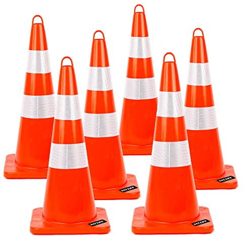 BATTIFE 6 Pack 28 Inch Traffic Safety Cones with Reflective Collars, Heavy Duty Orange Parking Cones for Road Construction and Traffic Control