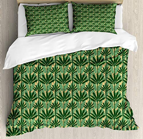 ABAKUHAUS Banana Leaf Duvet Cover Set, Windmill Palm Trees, Bedding Set 3 Pieces with 2 Pillow Shams, 200 x 200 cm - 70 x 50 cm, Pale Yellow Jade Green