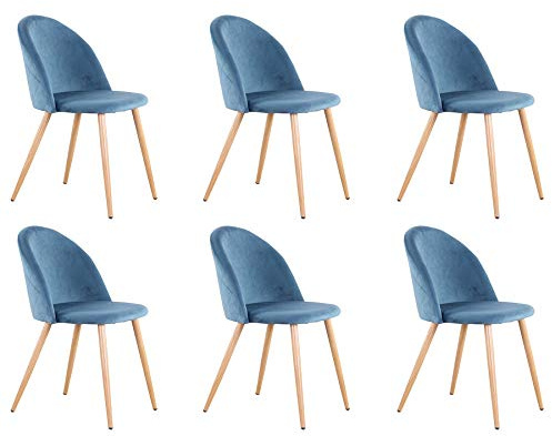 BenyLed Set di 6 Sedie Imbottite per Sala da Pranzo, con Schienale in Morbido Velluto e Gambe Regolabili in Metallo, Colore: Blu