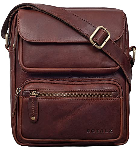 ROYALZ 'Florida' Schultertasche Herren Klein Leder Vintage Look Kleine Umhängetasche Männer mini Messenger Bag Ledertasche, Farbe:Roma Cognac Braun