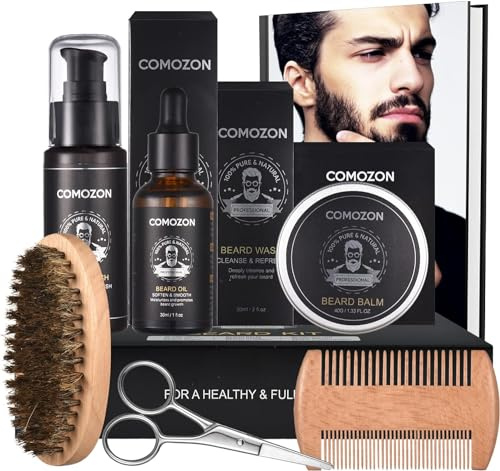 Kit Barba Hombre Cuidado Con Maquina Afeitar Barba Aceite Barba Cepillo Barba Aceite Para Barba Hombre Champu Barba Peine Barba Balsamo Barba, Natural, Regalos Para Hombre (Kit Barba)