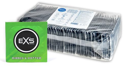 EXS Ribbed & Dotted Condoms (100 Pack) Regular Fit, Premium Latex with Non-Spermicidal Lube, Flared with Teat, PETA-Approved Vegan Condom, 3 Year Life - CE Marked NHS Approved Male Condoms Ribbed