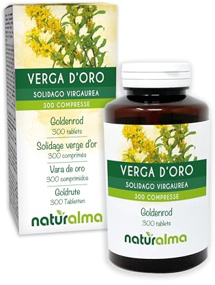 Goldrute (Solidago virgaurea) Kraut mit Blüten Naturalma - 150 g - 300 Tabletten - Nahrungsergänzungsmittel - Natürlich und Vegan