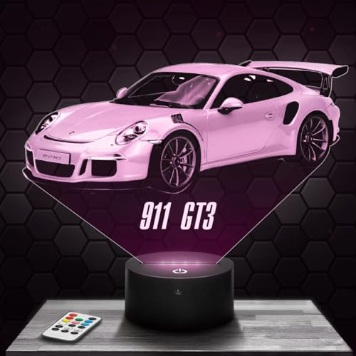 Lampephoto.fr - 911 GT3 Lamp Sports Car 3D Touch Night Light | Made in France, Choice of Base, Adjustable Brightness, Battery/USB, HD Laser Engraving, Gift Idea for Men, Car Fans