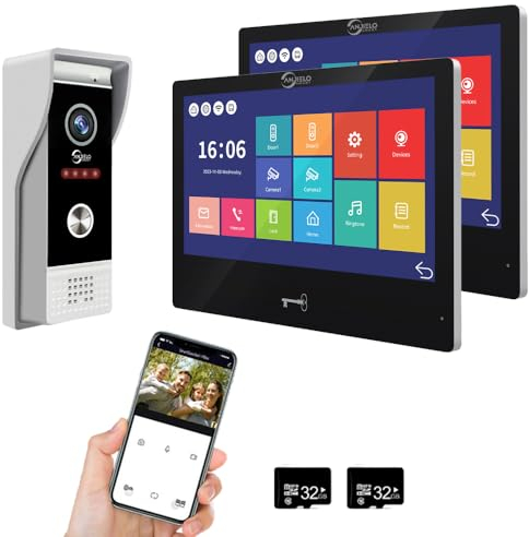 ANJIELO SMART Videocitofono 1080P per appartamento con citofono, touchscreen cablato da 10, supporto per sbloccare il rilevamento del movimento senza fili, Tuya, 2 monitor (nero)