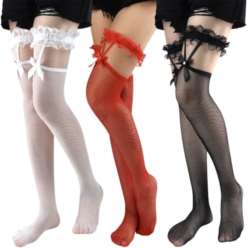 KABAKE 3 Pairs Lace Top Fishnet Stockings Sexy Mesh Thigh High Pantyhose Women Tight Hosiery Bow Suspenders Hold up Stockings (Standard, Black + White + Red)