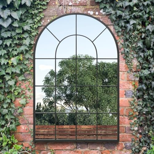 The Arcus - Black Framed Arched Window Garden Mirror 47x31 120x80CM. Suitable for Outside and Inside!