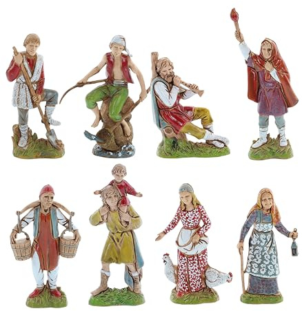 Moranduzzo Set 8 Pastori H 9 cm per Presepe da 10 cm – STANDARD 10 – Scala 1:20 – Statuine Indistruttibili, Stile '700, Rifinite a Mano, Scultore M. Landi