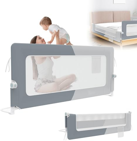 XMTECH 1st Bettgitter 180 cm Bettschutzgitter Kinderbettgitter für Kinder, Rausfallschutz Bett Babybettgitter Klappbar, Tragbar, Bettgitter für Kleinkinder, 18 Monate - 5 Jahre, Dunkelgrau + Hellgrau