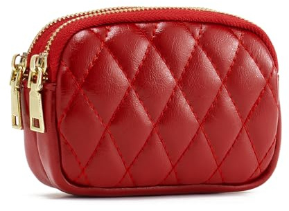 QIUTIMIY Women Artificial Artificial Leather Small Purse Pouch Cash Mini Coin Wallet Double Zipper Pocket with Keychain(Quilted Red)