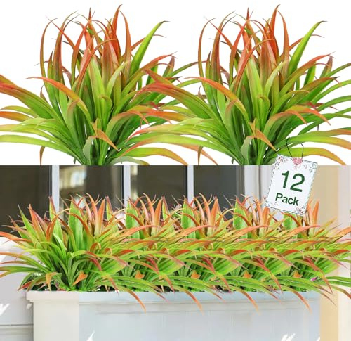 Dremisland 12PCS Artificial Plants Grass Outdoor 16 in Fake Plants Indoor UV Resistant Artificial Grass Greenery Stems Faux Bushes Shrub Plants for Home Garden Patio Hanging Planter Decor