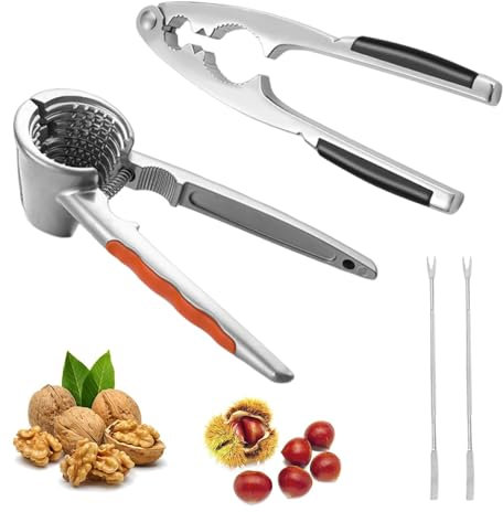 Ksvaye 4 Pezzi Set di Schiaccianoci Metallo Schiaccianoci a Molla con 2 Forchetta in Noce Spacca Noci e Nocciole Spaccanoci Con Maniglia Antiscivolo Noce Pinza per Mandorle Nocciole Aragoste Granchi