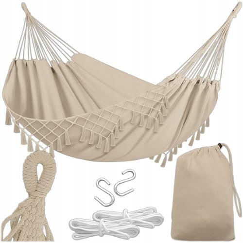 KRUMAD Hängematte Outdoor Boho-Stil 190x150 cm, Beige, 120 kg Belastbarkeit, Mit Fransen, Aufbewahrungstasche & 2 Seilen, Baumwolle-Polyester, Für Garten, Balkon, Terrasse, Outdoor & Indoor