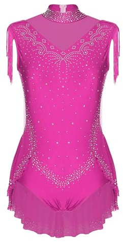 Yruioon Body da ginnastica per ragazze, con paillettes, senza maniche, con frange, da pattinaggio artistico, leotard, tuta da ginnastica, costume da competizione per la danza, rosa scuro, 134-140 cm