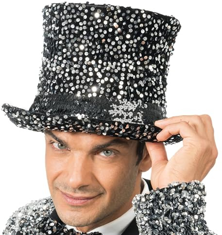 Chaks - Cappello a cilindro con paillettes, copricapo per adulti, accessorio per showman, Capodanno, costume, carnevale