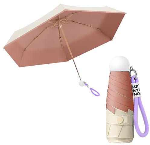 Travebo Mini Pliant Compact Voyage Poche Parapluie Avec Lanière Tressée Porte-Clés Et Poignée Ronde Givrée,UPF 50+ Protection UV,Ultra Léger,Soleil Et Pluie,Côtes En Fibre De Verre,Femme Et Enfant