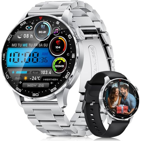 BENYAR SMART Smartwatch Herren Business mit Telefonfunktion,1.43 AMOLED Fitnessuhr Edelstahl IP68 Wasserdicht Uhr mit Herzfrequenz SpO2 Schlafmonitor, 100+ Sportmodi Kalorienzähler für Android iOS