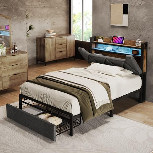 LAKFEW Cama Individual 90x200 cm con USB y Iluminación LED, Camas Juveniles con 1 Cajón y Cabecero Abatible, Cama 90 Camas Individuales con Estructura Metálica, Gris, Sin Colchón