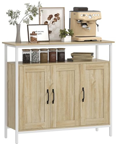 HOMCOM Buffet, meuble de rangement avec 3 portes, compartiment ouvert et 4 étagères réglables, cadre en métal, style industriel, buffet salle à manger, cuisine et salon, 100 x 35 x 88 cm, bois naturel
