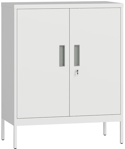 HOMCOM Metal Storage Cabinet with Lock, Office Storage Cupboard, White | 2 Doors, 2 Adjustable Shelves, Lockable Filing Cabinet, for Home Office, Garage