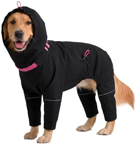 Kuoser hund vattentät regnrock med 4 ben reflekterande justerbar, svart 2XL | Hundregnrock vattentät med ben reflekterande remsor utomhus, justerbar hög krage, huva och sele D-ring för XX-stor hund