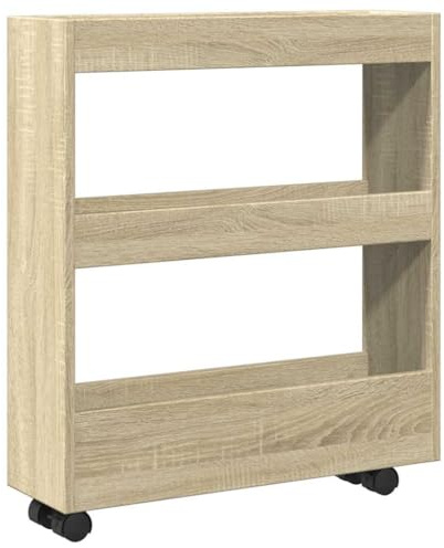 Qnhdfrt Carrello portaoggetti stretto a 3 ripiani, carrello da cucina su ruote, scaffale a nicchia in legno per cucina, bagno e soggiorno, rovere Sonoma, 60 x 18 x 70 cm