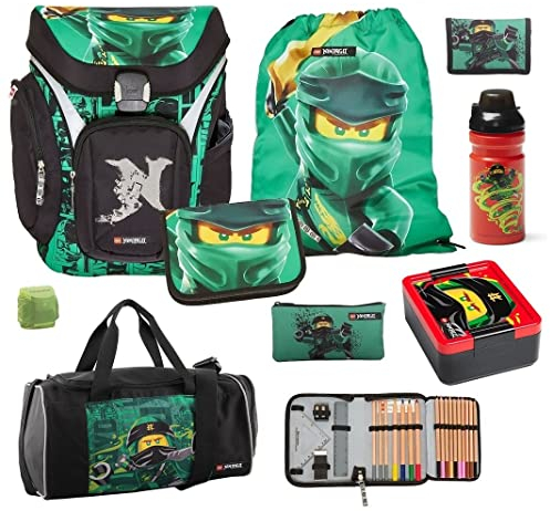 Familando Ninjago Schulranzen Set für Jungen mit Sporttasche, Dose und Flasche – Ergonomisch, robust – 16 L Volumen, wasserabweisend – Mit Brust- und Hüftgurt – Komplettset 1. Klasse Grundschule